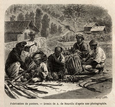 Produksjon av palmebladskurver, for innsamling av kaffe. Gravering for å illustrere reisen til Brasil, historie av M. og Mme Agassiz, i 1865-1866, publisert i "Le tour du monde, nouveau journal des voyages", under ledelse av Edouard Charto av Unknown artist