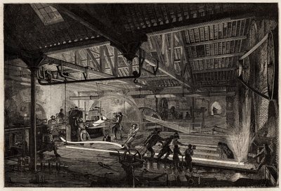 Produksjonen av skinnene i de gamle smiene i Le Creusot, stålstrimlene, hvite av varme, strekker seg i skinner mellom valseverkene. Gravering for å illustrere en reise til Creusot og gruvene i Saone og Loire, i 1865, av L. Simonin, i "" Le tou av Unknown artist
