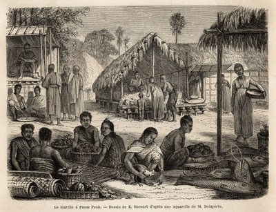 Markedet i Phnom Penh, hvor malaysiske butikkeiere og kinesiske handelsmenn tilbyr et bredt spekter av forbruker- og produksjonsprodukter. Gravering for å illustrere utforskningsreisen i Indokina, av Francis Garnier, løytnant de Vaissseau, i 1866-1868, av Unknown artist