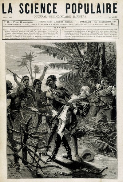 Geografisk vitenskaps martyrer: Kaptein Cooks død. Forside "" La Science populaire"" av 27. mai 1880 av Unknown artist