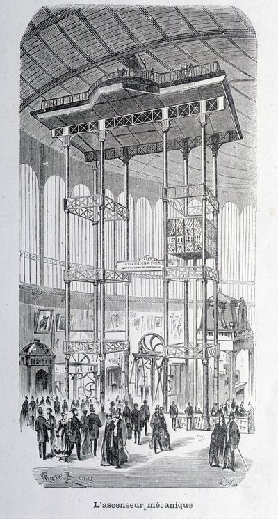 Den mekaniske heisen til ingeniøren Edoux på verdensutstillingen i 1867 - grav. av Unknown artist