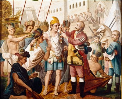 Møtet mellom Hernan (eller Hernando) Cortes eller Fernand Cortez (1485-1547) og den aztekiske kongen Montezuma (eller Moctezuma: 1466 - 1520) i november 1519 Anonymt maleri fra 1800-tallet. Museum of America, Madrid. av Unknown artist