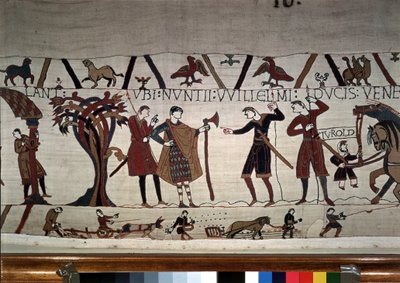 Sendebudene til hertug Guillaume (1027 - 1087) kommer for å finne Guy de Ponthieu - Bayeux-teppet, kjent som Broderi av dronning Mathilde av Unknown artist