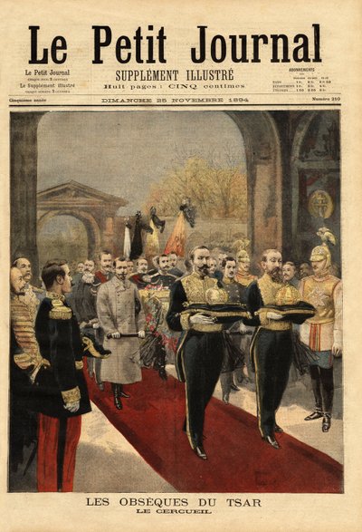 Obseques av tsar Alexander III (1815-1894), i katedralen St. Peter og St. Paul, nekropolis av Romanov, i sentrum av festningen St. Petersburg. Gravering i "" Le petit journal"" 25.11.1894. Selvas samling. av Unknown artist