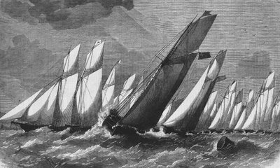 Det havkappløp til Royal Victoria Yacht Club i 1868 - gravering, Bibl. des Arts deco. av Unknown artist