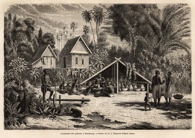 Produksjon av keramikk i Saniaboury (Laos). Gravering for å illustrere utforskningsreisen i Indokina, av Francis Garnier, løytnant de Vaissseau, i 1866-1868, publisert i "" Le tour du monde""" 1870-1871, redigert av Edouard Charton, utgave Hac av Unknown artist