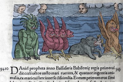 Profeten Daniel ser monstre dukke opp: Haniel, Kafziel, Azriel, Aniel. Gravering fra "The Book of Prodigiorum ac ostentorum Chronicon Basileae" av Wolfhart (Conrad Lycosthene) 1557 av Unknown artist
