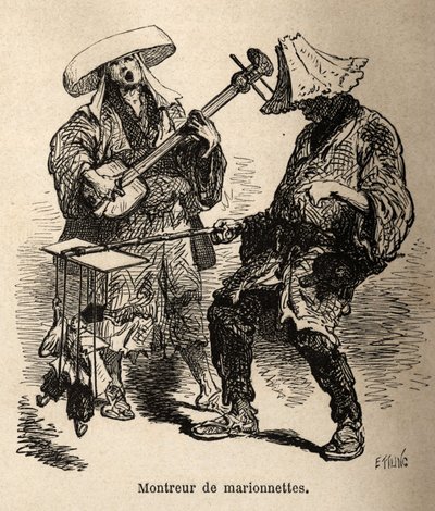 Dukketeateret og musikeren som følger ham for gateunderholdning. Gravering for å illustrere reisen til Japan, av Aime Humbert, minister for det sveitsiske konføderasjonen, i 1863-1864, publisert i "" le tour du monde", under ledelse av Ed av Unknown artist