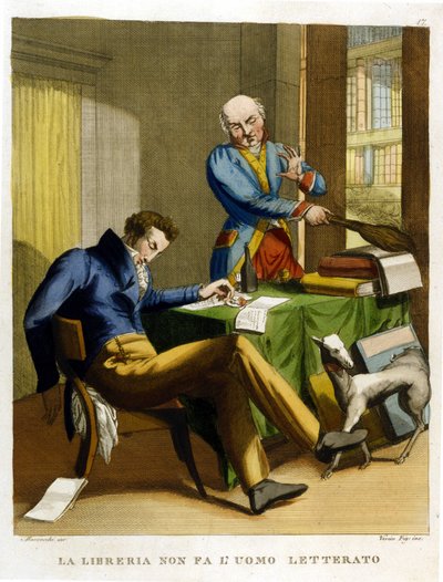 Ordtaket: "Biblioteket får ikke mennesket til å dyrke"". Illustrasjon fra en samling av ordtak fra 1700-tallet. av Unknown artist