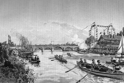 The school regattas of Joinville le Pont (Joinville-le-Pont), Ile de France. Engraving in “” Le Journal de la jeunesse”” av Unknown artist