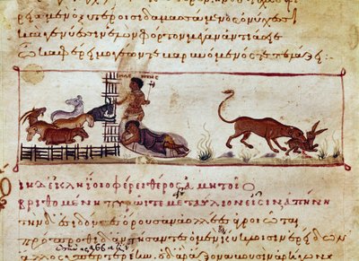Saueoppdrett, til høyre blir en hare fortært av et miniatyrdyr hentet fra jaktmelkingen "" The Cynegetics"" av Oppian (Oppian eller Oppianus) fra Syria (3. århundre e.Kr.) dedikert til Caracalla. Venezia fra 1000-tallet. Biblioteca Marc av Unknown artist