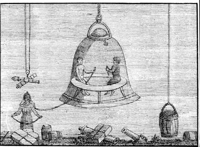 Den lille klokken på skuldrene til mannen til venstre (som mottar luft fra den større klokken) kan betraktes som stamfaren til hjelmen til en drakt. Sd. gravering fra 1600- eller 1700-tallet. av Unknown artist