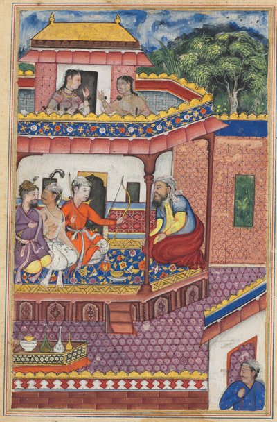 De tre unge mennene presenterer seg som friere for hånden til Zuhra, datteren til kjøpmannen i Kabul, fra en Tuti-nama (Fortellinger om en papegøye): Trettifjerde natt av Unknown artist