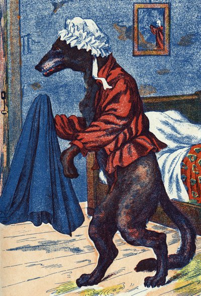 Ulven tar på seg bestemors klær. Anonym illustrasjon for "Den lille rødhette", fortelling av Charles Perrault (1628-1703), fransk forfatter. Bilder Marcel Vagne, Jarville Nancy, udatert (slutten av 1800-tallet). av Unknown artist