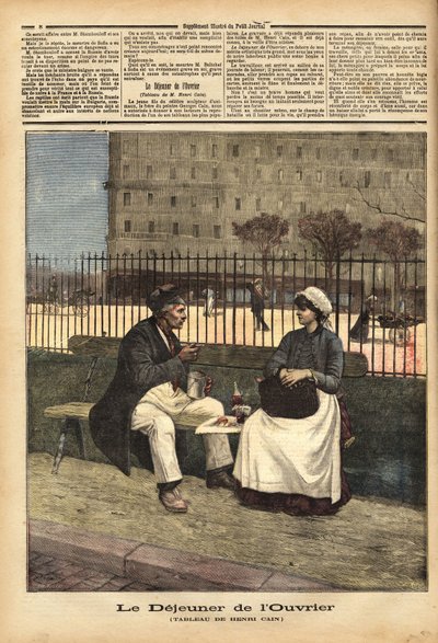 Arbeiderlunsjen, reproduksjon av maleriet av Henri Cain (1859-1930), maler og dramatiker. Gravering i "" Le petit journal"" 18.04.1891. Selvas samling. av Unknown artist