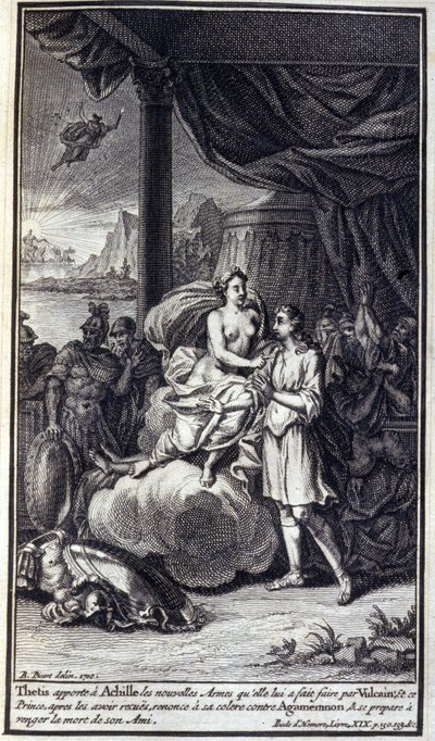 Thetis bringer til Achilles de nye våpnene hun laget til ham av Vulcan; og denne prinsen, etter å ha mottatt dem, gir avkall på sin vrede mot Agamemnon og forbereder seg på å hevne sin venns død. Illustrasjon av bok XIX av Iliaden av Homere, fransk av Unknown artist