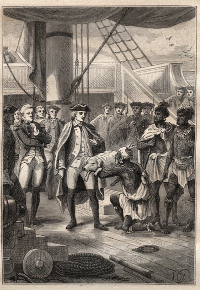 Third voyage (1776-1779) by Captain James Cook (1728-1779): Priest Koah offers a little pig to Cook, aboard the ship Resolution (Hawaii) - illustration from “The Great Mariners of the 18th century” av Unknown artist