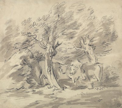 Tre kyr som står under en gruppe trær av Unknown artist
