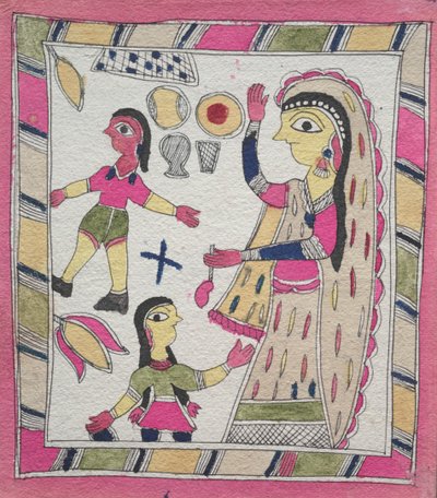 Tre figurer: kvinne med to barn som spiller ball av Unknown artist