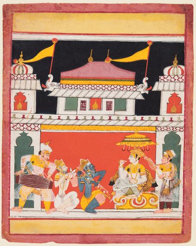 Tre musikere opptrer foran en konge: Shri Raga, fra en Ragamala av Unknown artist