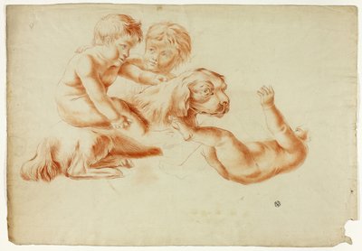 Tre Putti leker med hund av Unknown artist