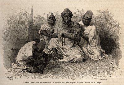 Tierno Ousman, fra Toucouleur-stammen, leder av landsbyen Guemmou Koura (Mali), holder en muslimsk rosenkrans med store korn, retter opp bønner, mens massørene hans masserer ryggen og bena hans. Gravering for å illustrere reisen til Vest-Sudan av Lieute av Unknown artist