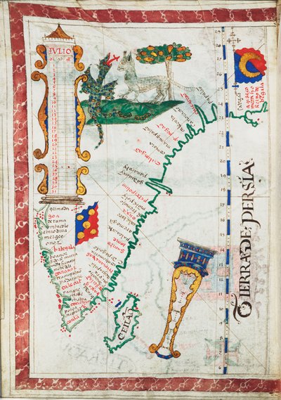 «Tierra de Persia», målestokk: ca. 1:13 500 000, viser flere steder Sør-India og Sri Lanka, ca. 1550–60 (vellum) av Unknown artist