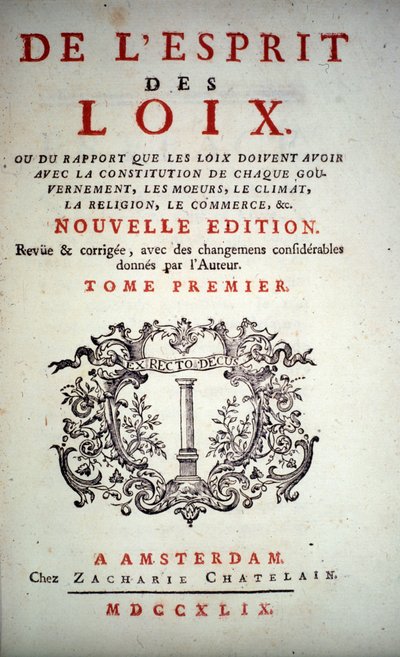 Tittelside til "" Lovenes ånd"" av Charles Louis de Secondat, Baron de La Brede et de Montesquieu (1689-1755). Amsterdam-utgaven 1749. av Unknown artist