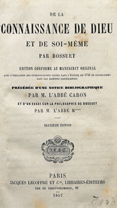 Tittelside av "Kunnskapen om Gud og selvet selv" av den franske teologen og biskopen Jacques-Benigne (Jacques Benigne) Bossuet (1627-1704). 1857. av Unknown artist
