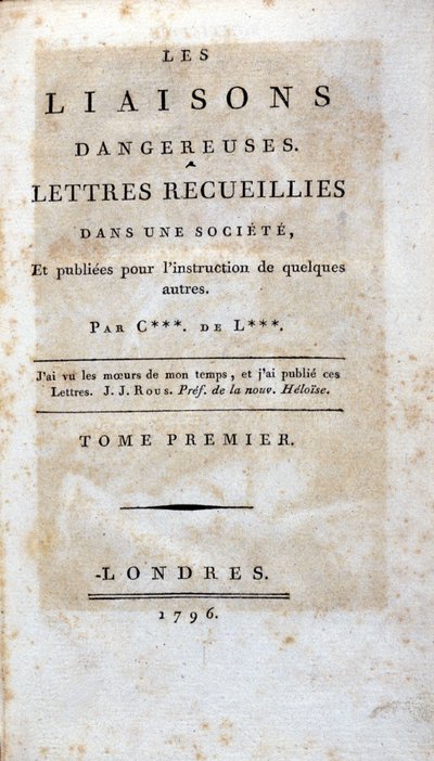 Tittelsiden til boken "Dangerous Liaisons" av Choderlos de Laclos, London av Unknown artist