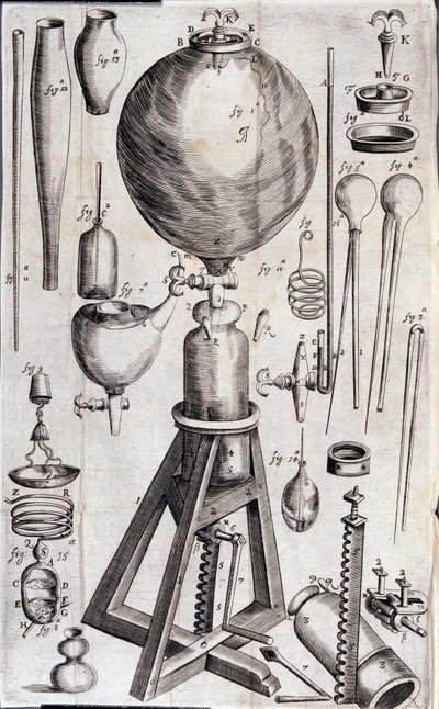 Verktøy for vitenskapelige eksperimenter - i "New physico-mechanical experiments on the elastic force of air, and the effects of the same, made the most part in a new pneumatic machine"" av Robert Boyle av Unknown artist