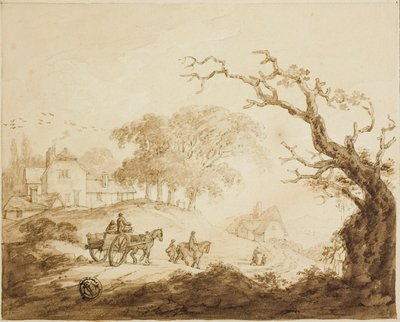 Reisende med hester og vogn på vei forbi hus av Unknown artist