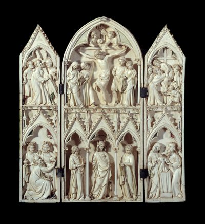 Triptych of Saint-Sulpice du Tarn: Carriage of the Cross, Crucifixion, Descent of the Cross, Adoration of the Magi, Glorious Virgin, Presentation at the Temple. Relieffstrømper i utskåret elfenben. Rundt 1300 Paris, Nasjonalmuseet for middelalderen, Therme av Unknown artist