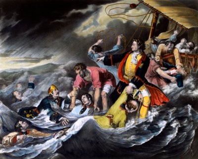 Tsar Peter I den store (1672-1725) redder soldater fra å drukne under en storm. Anonymt trykk omkring 1724. St. Petersburg. Eremitasjens bibliotek av Unknown artist