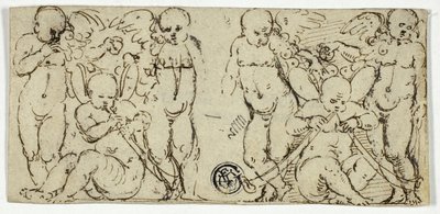 To dekorative grupper av Putti med trompeter og frukt av Unknown artist