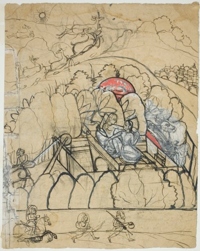 To damer samtaler ved en trappebrønn (Baoli) i en inngjerdet hage av Unknown artist