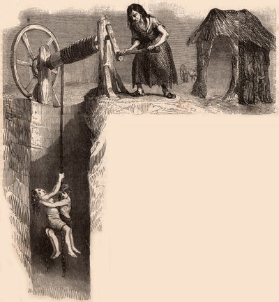 To utslitte barn tatt ut av en engelsk kullgruve av en kvinne med vinsj (gravering) av Unknown artist