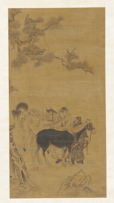 To menn og to hester under en furu av Unknown artist