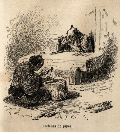 To arbeidere, med hver sin hammer og en stans, skjærer ut metallrør i verkstedet sitt. Gravering for å illustrere reisen til Japan, av Aime Humbert, minister for det sveitsiske konføderasjonen, i 1863-1864, publisert i "" le tour du monde", under regi av Unknown artist