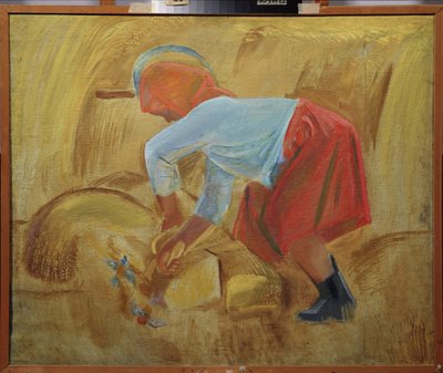 En reaper med en sigd på hodet. Maleri av Alexei Fyodorovich Pakhomov (1900-1973), olje på lerret av Unknown artist