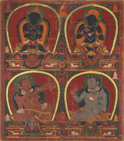 Vajradhara, Nairatmya og Mahasiddhas Virupa og Kanha av Unknown artist