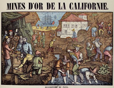 Ulike aktiviteter i en gullgruve i California: søk etter pepiter, veiing, kjøp, forlate varene. Gravering av 1800-tallet. Paris, dekorativ kunst av Unknown artist