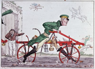 Velocipedes draisiennes - karikatur på Baron Drais av Unknown artist