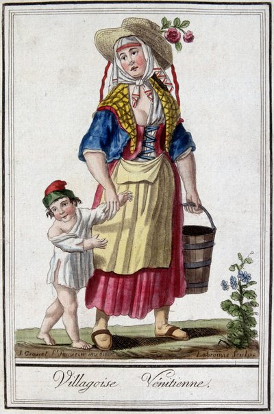 Venetiansk landsby med sønnen. 1700-talls gravering. av Unknown artist