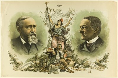 Seiersportretter av Benjamin Harrison og Levi P. Morton, fra Judge av Unknown artist