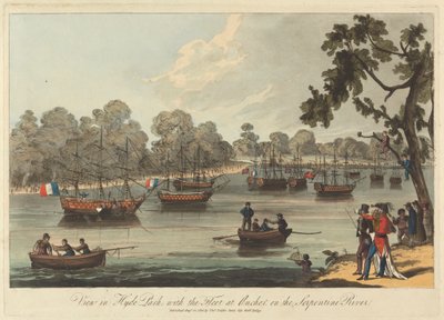 Utsikt i Hyde Park, med flåten ved anker ved Serpentine River, 12. august 1814 av Unknown artist