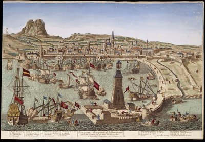 Utsikt over Barcelona og havnen - optisk utsikt av Unknown artist