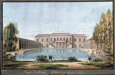 Utsikt over Diana-badet, det første italienske svømmebassenget, i Milano (maleri av Unknown artist