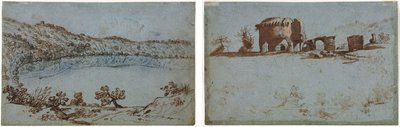 Utsikt over Lake Nemi (recto) Liten gruppe romerske ruiner (verso) av Unknown artist