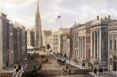 Utsikt over New York: Wall Street-utsikt over William Street. Litografi sd. rundt midten av 1800-tallet. av Unknown artist